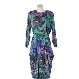 April Rain Vintage Floral Midi Dress Purple Green Rayon Long Sleeve USA Size 7-8